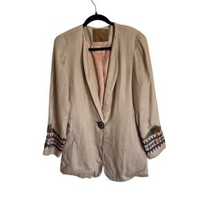 Saddle Ridge Blazer Jacket Womens L Beige Southwestern Aztec Trim Vintage